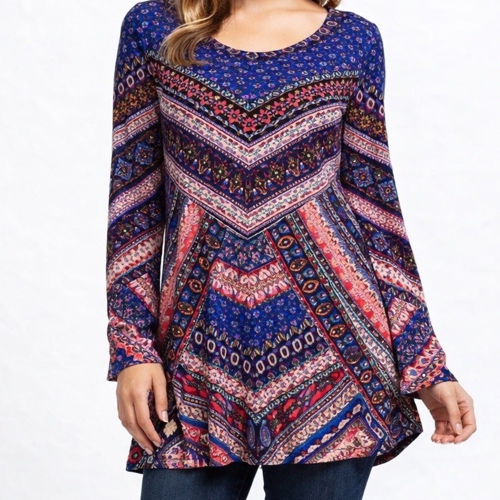 GB Girls Boho Tunic Top Size L Blue Pink Geometric Swing Trapeze Long Sleeve